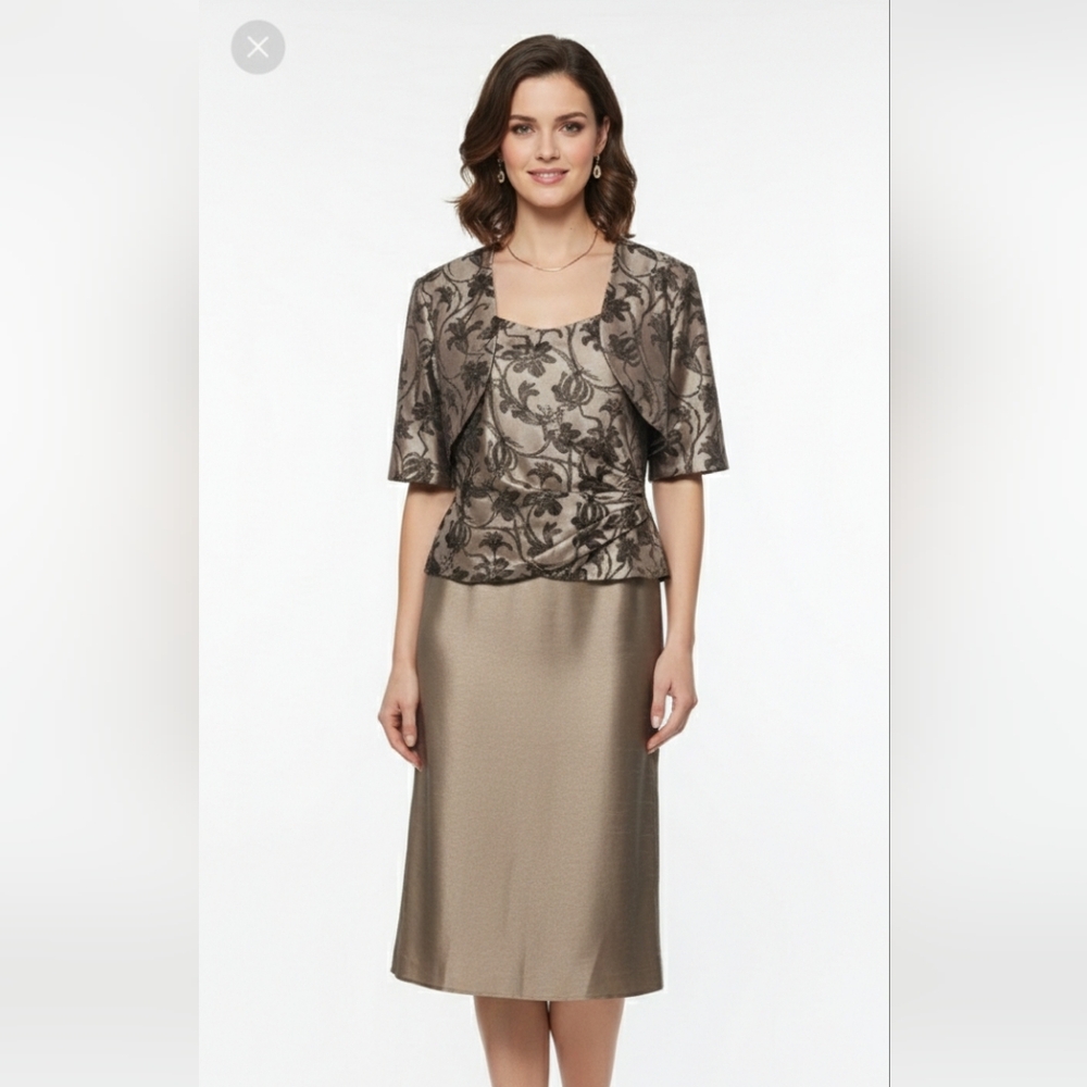 Cachet Bronze Taupe Beaded Satin Floral Shrug Midi Dress Set Formal Wedding 12